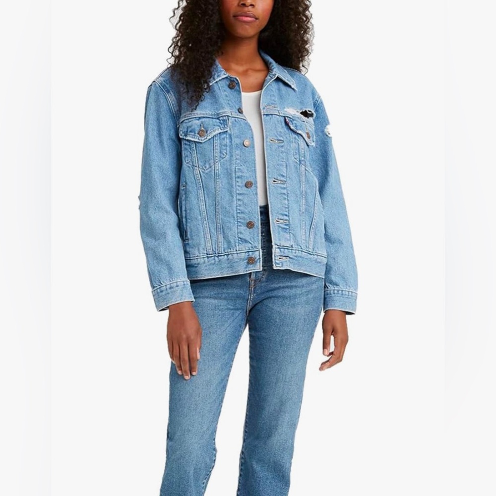 🫦 Levi's Women's Ex-Boyfriend Trucker Distressed  Denim Jacket Size Large 🫦